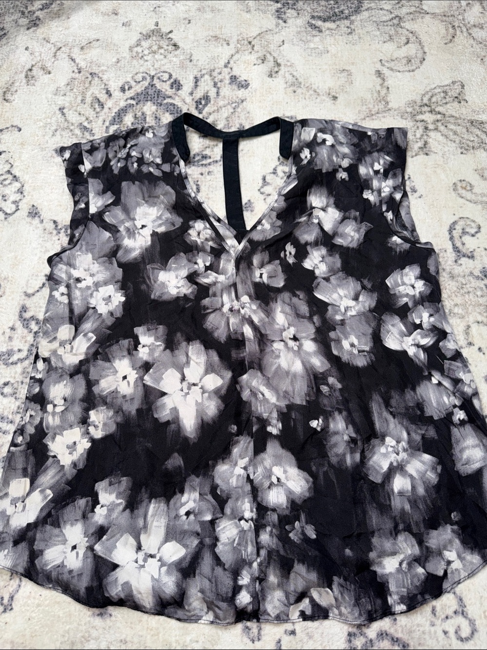 Rebecca Taylor Black and White Floral V-Neck Camisole